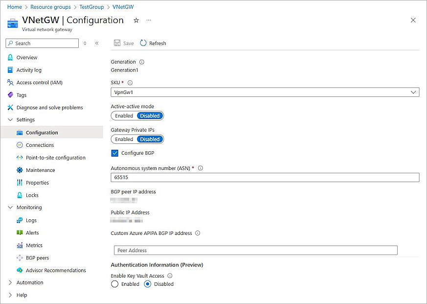 Screenshot of get the virtual network gateway public ip address and BGP peer IP address.